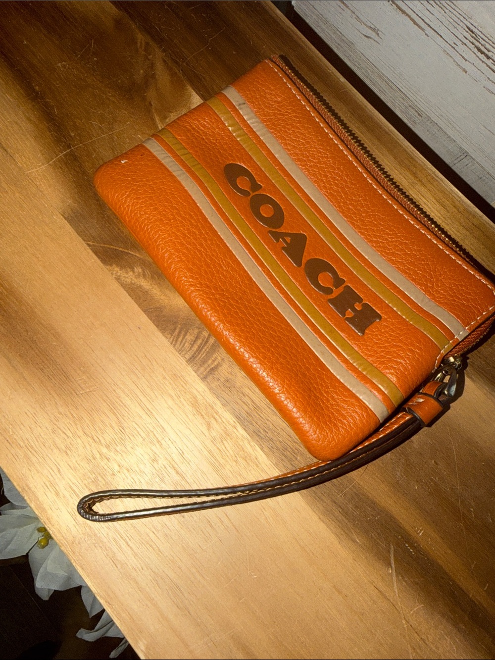 Coach Corner Zip Wristlet Coach Stripe Canyon Orange Leather